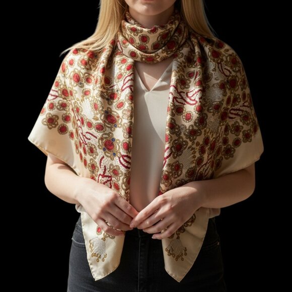 Vintage CHANEL Cream Gold Pearl & Ruby Jacquard Scarf Square Silk Carre 90 35" - Picture 2 of 16